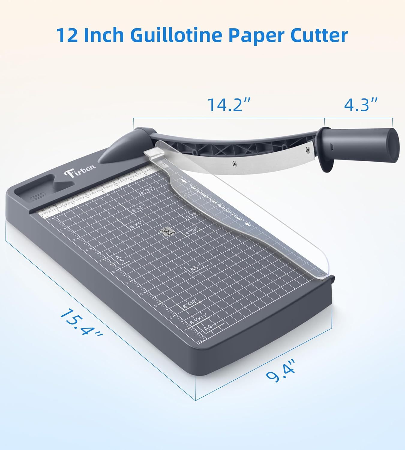 Communicates the exact physical dimensions of the paper cutter to help shoppers understand its size and ensure it fits their workspace and cutting needs.