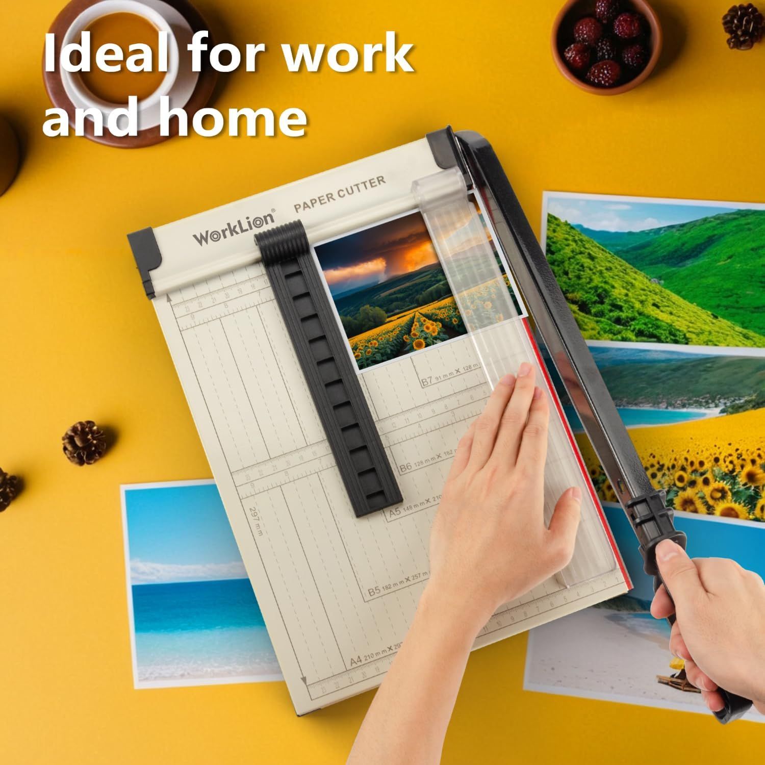 Demonstrates the product's versatility by showing it can be used in both work and home environments for cutting photos and documents. Highlights the paper cutter's versatility as suitable for both…
