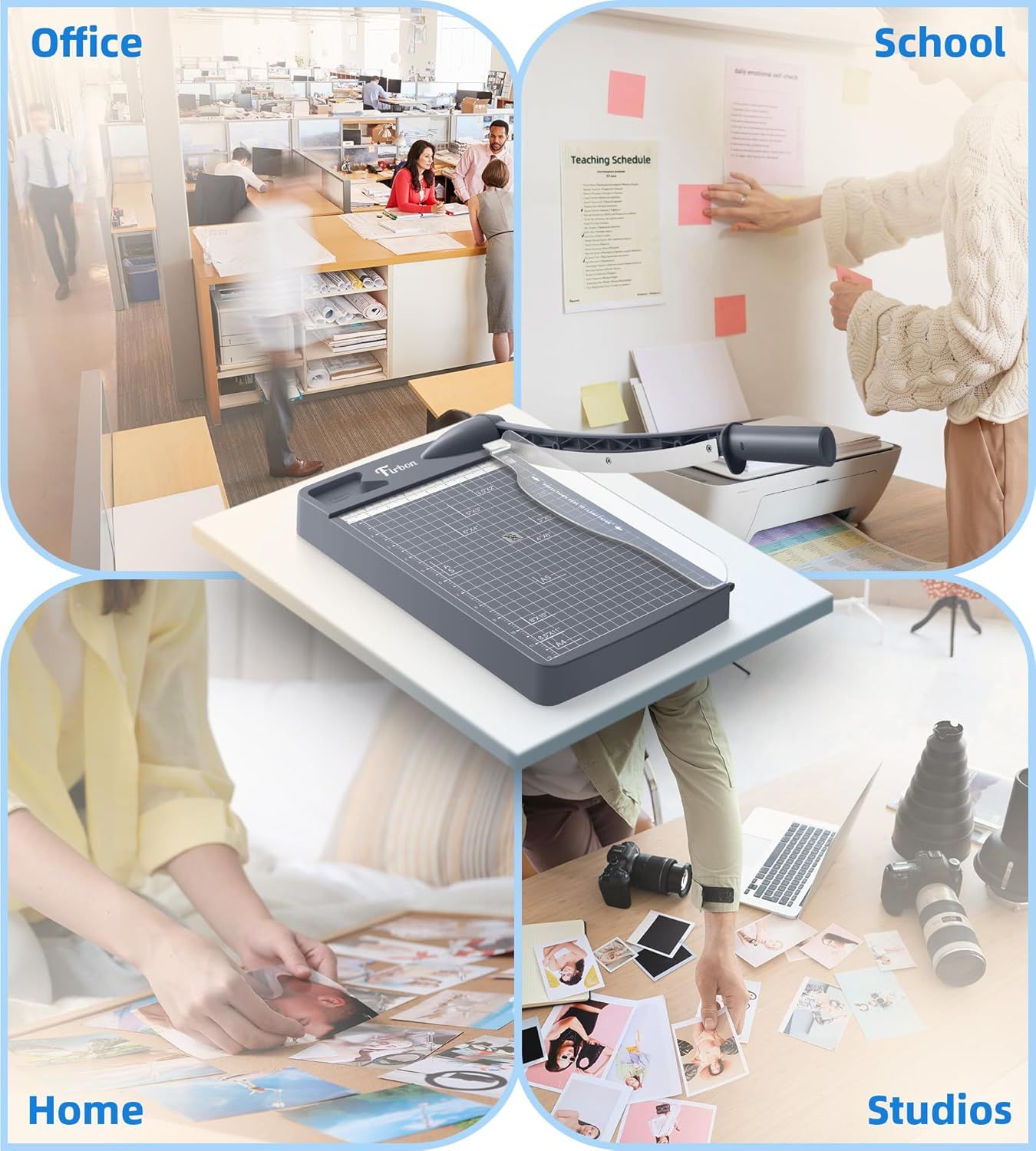 Demonstrates the versatility of the paper cutter/trimmer by showing it can be used effectively across multiple professional and personal environments, reassuring shoppers of its broad applicability.