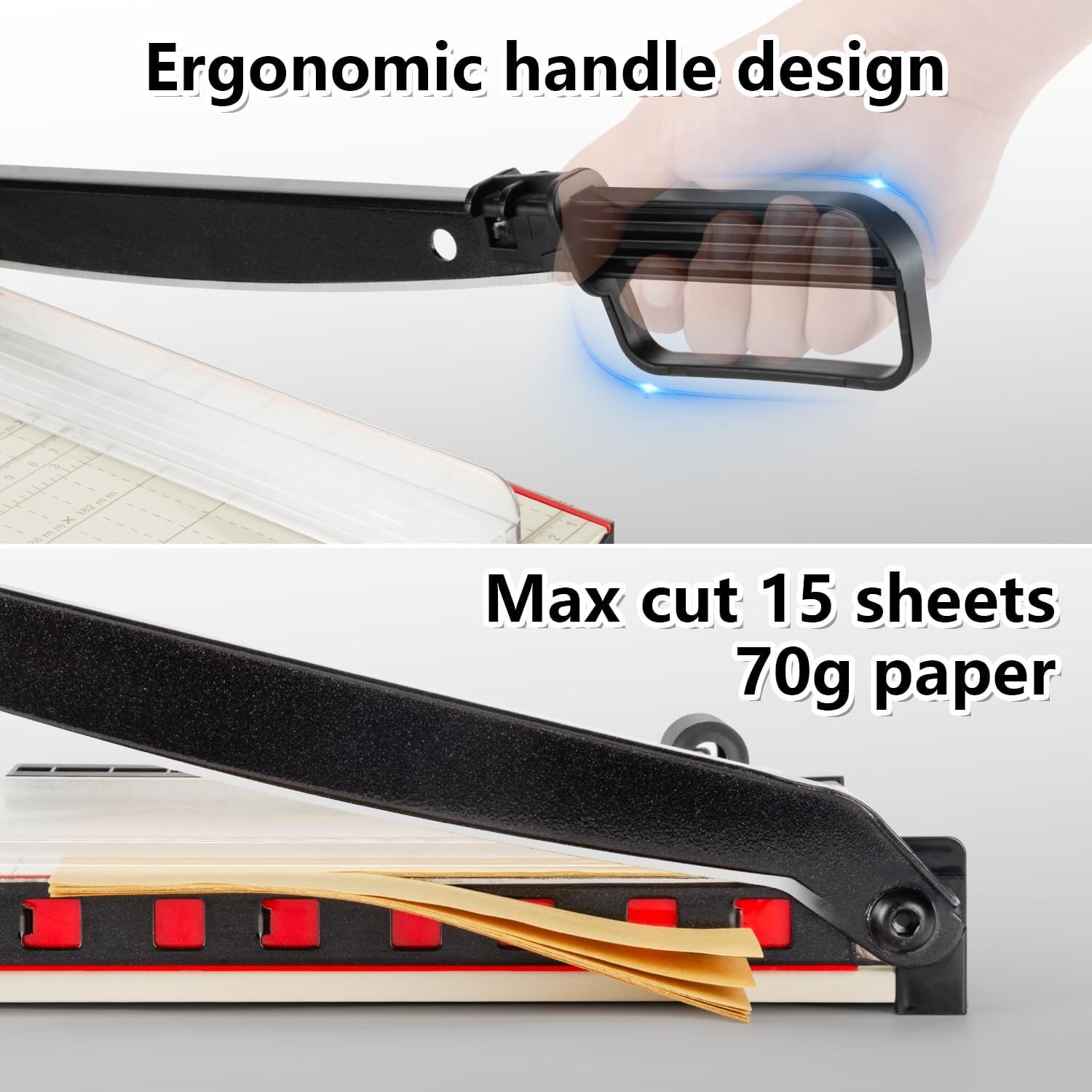 Communicates two distinct product benefits in a segmented layout: the ergonomic comfort of the handle design and the cutting capacity performance, reassuring shoppers of both usability and capability.