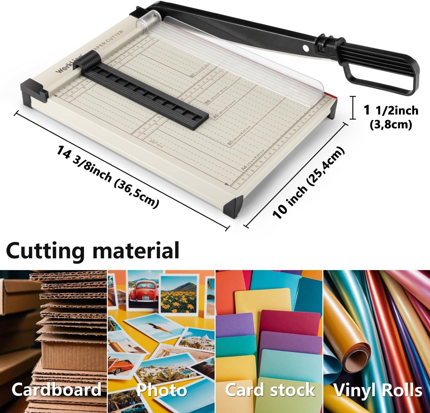 Communicates the exact physical dimensions of the paper cutter to help shoppers understand its size and ensure it fits their workspace and cutting needs. Demonstrates the versatility of the paper…