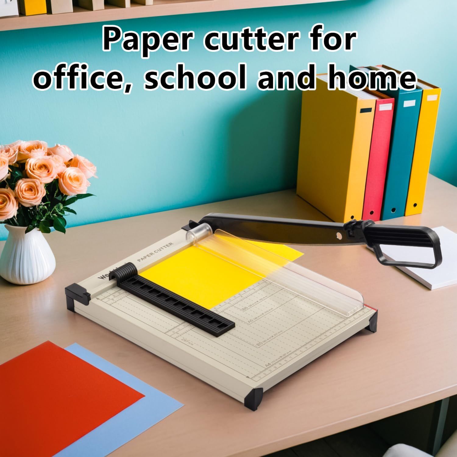 Demonstrates the versatility of the paper cutter by showing it can be used in multiple environments (office, school, and home), reassuring shoppers of its broad applicability.