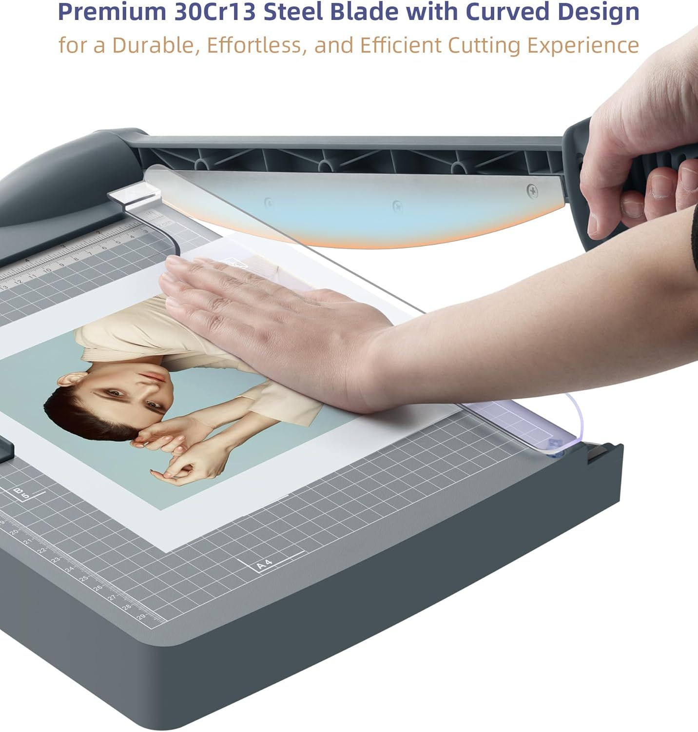 Demonstrates the product in use with a lifestyle context, highlighting the premium steel blade material and curved design that enables durable, effortless, and efficient cutting performance.
