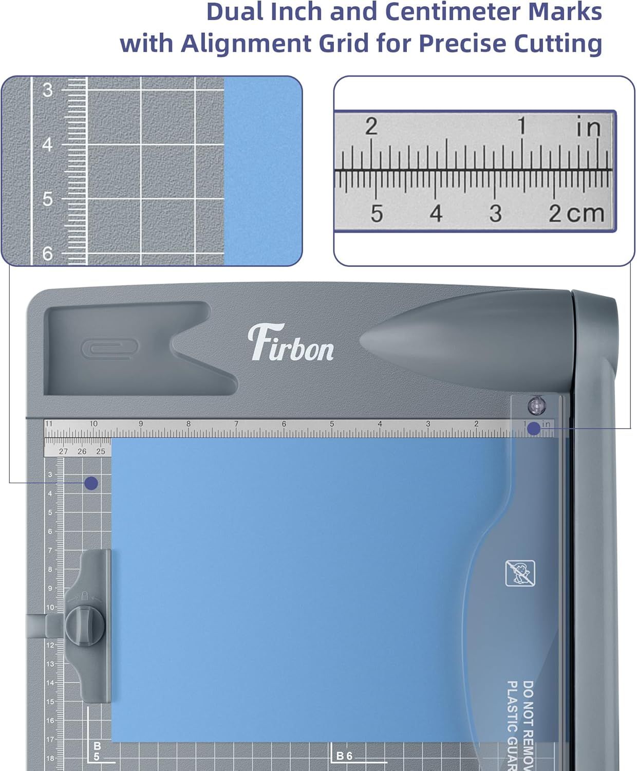 This image breaks down the key physical features of the paper trimmer, highlighting the dual measurement rulers and alignment grid system to show shoppers the precision and versatility of the…