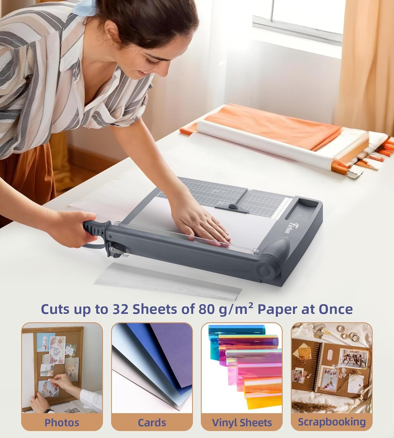 Communicates the product's impressive cutting capacity (32 sheets of 80 g/m² paper at once) to reassure shoppers of its efficiency and capability for handling bulk cutting tasks. Demonstrates the…