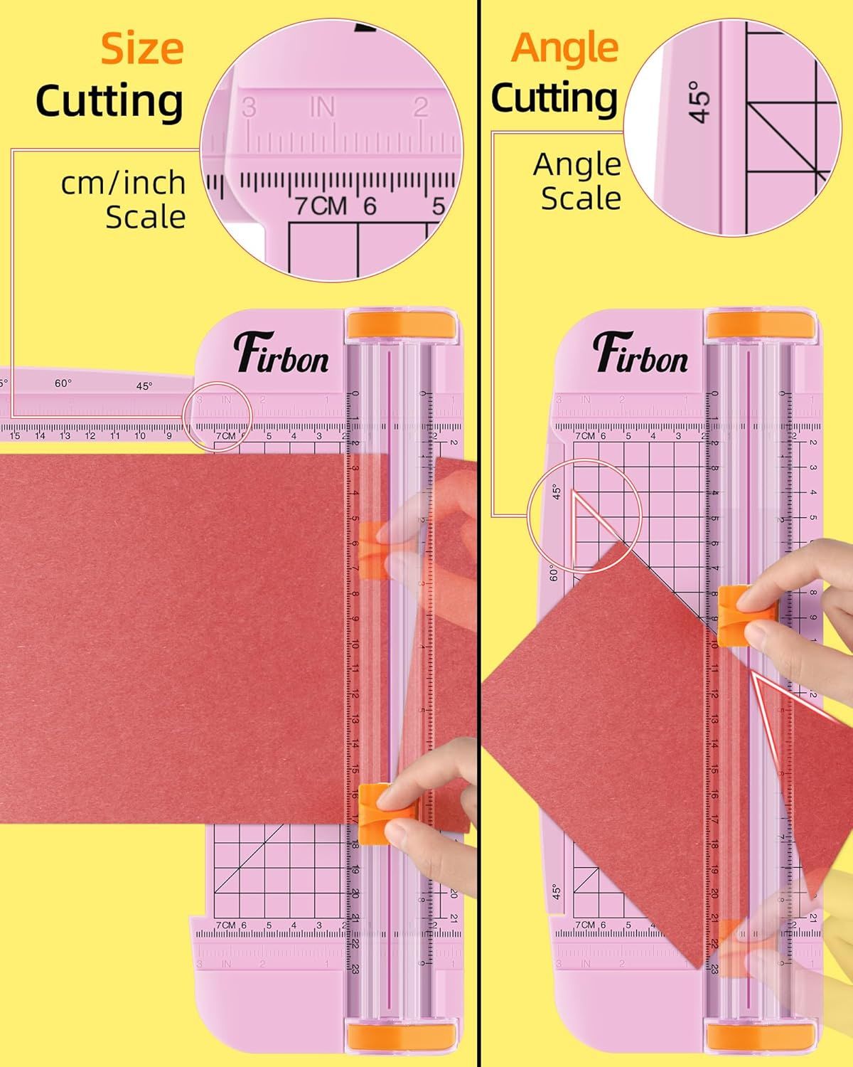 Demonstrates how to use the paper trimmer for two different cutting techniques: straight size cutting using the cm/inch scale and angle cutting using the angle scale feature. Highlights two distinct…