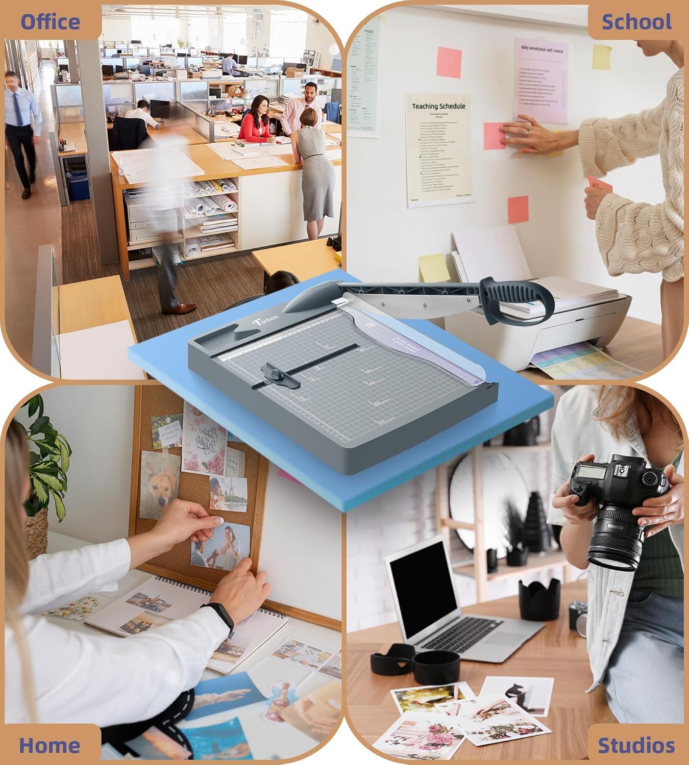 Demonstrates the product's versatility by showing it can be used effectively across multiple environments and scenarios—office work, school teaching, home organization, and studio photography.