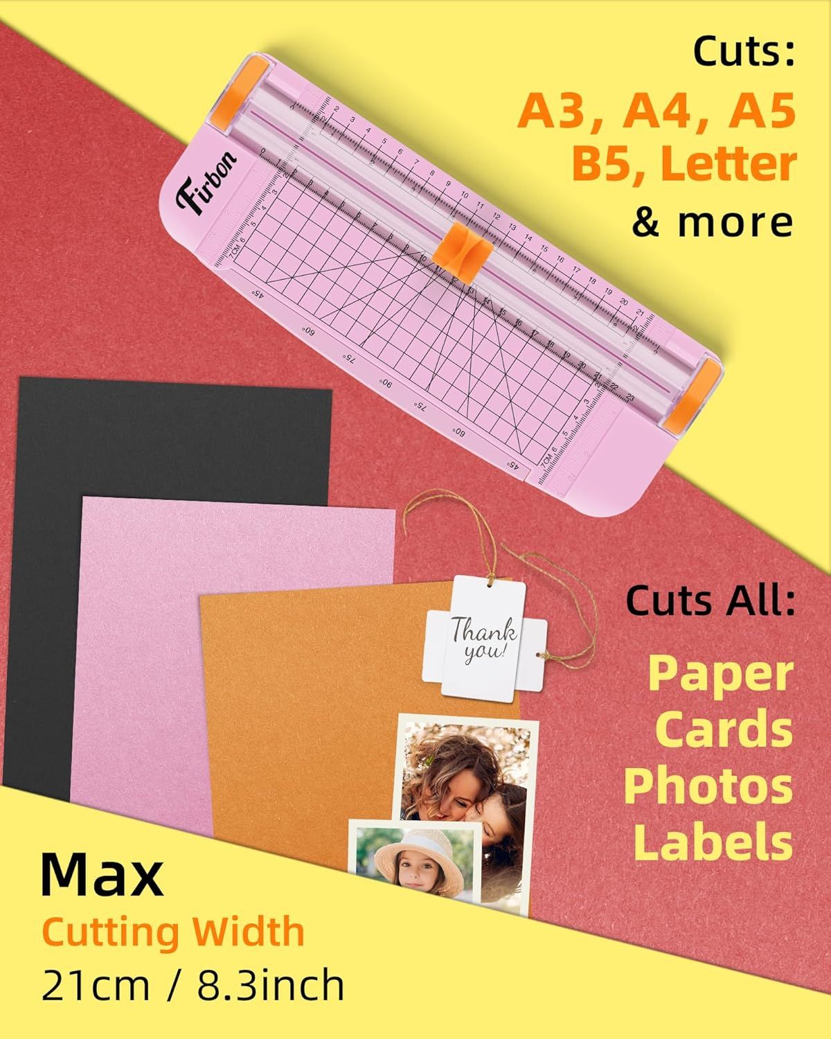 Communicates the paper trimmer's versatility by highlighting multiple distinct benefits: its ability to cut various paper sizes (A3, A4, A5, B5, Letter), its applications for different materials…