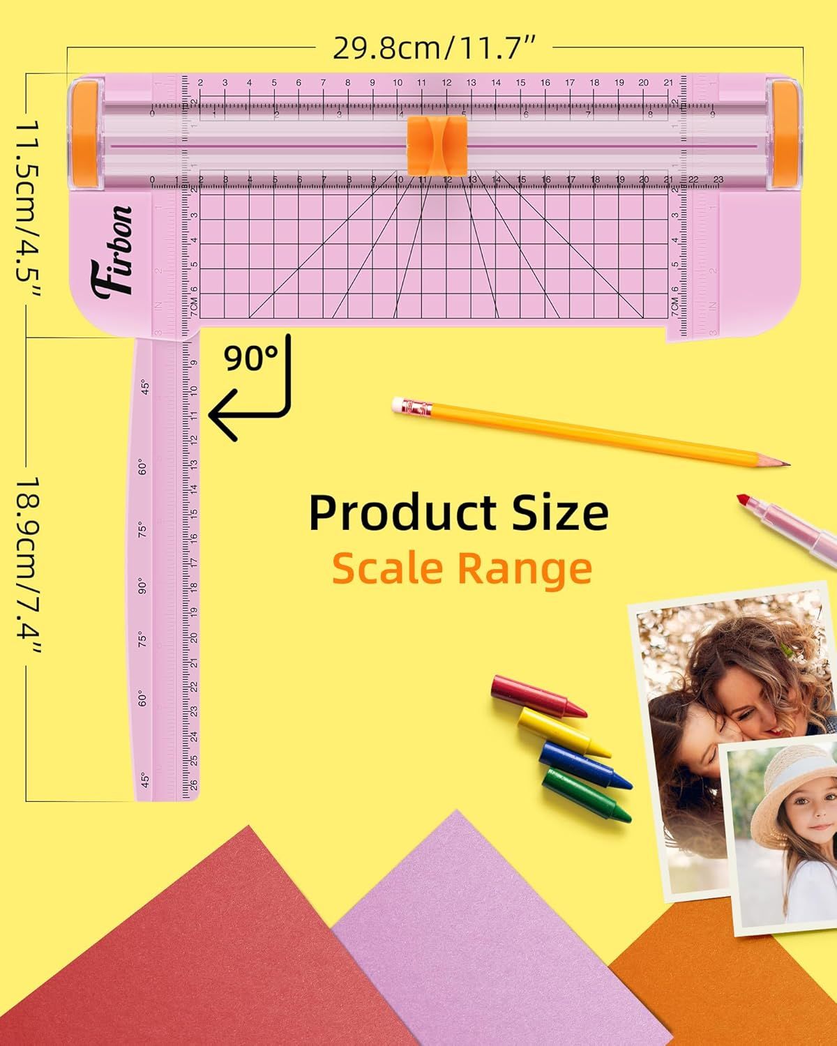 Communicates the exact physical dimensions of the paper trimmer (29.8cm x 11.5cm / 11.7" x 4.5") to help shoppers understand the product's size and ensure it fits their workspace or project needs.