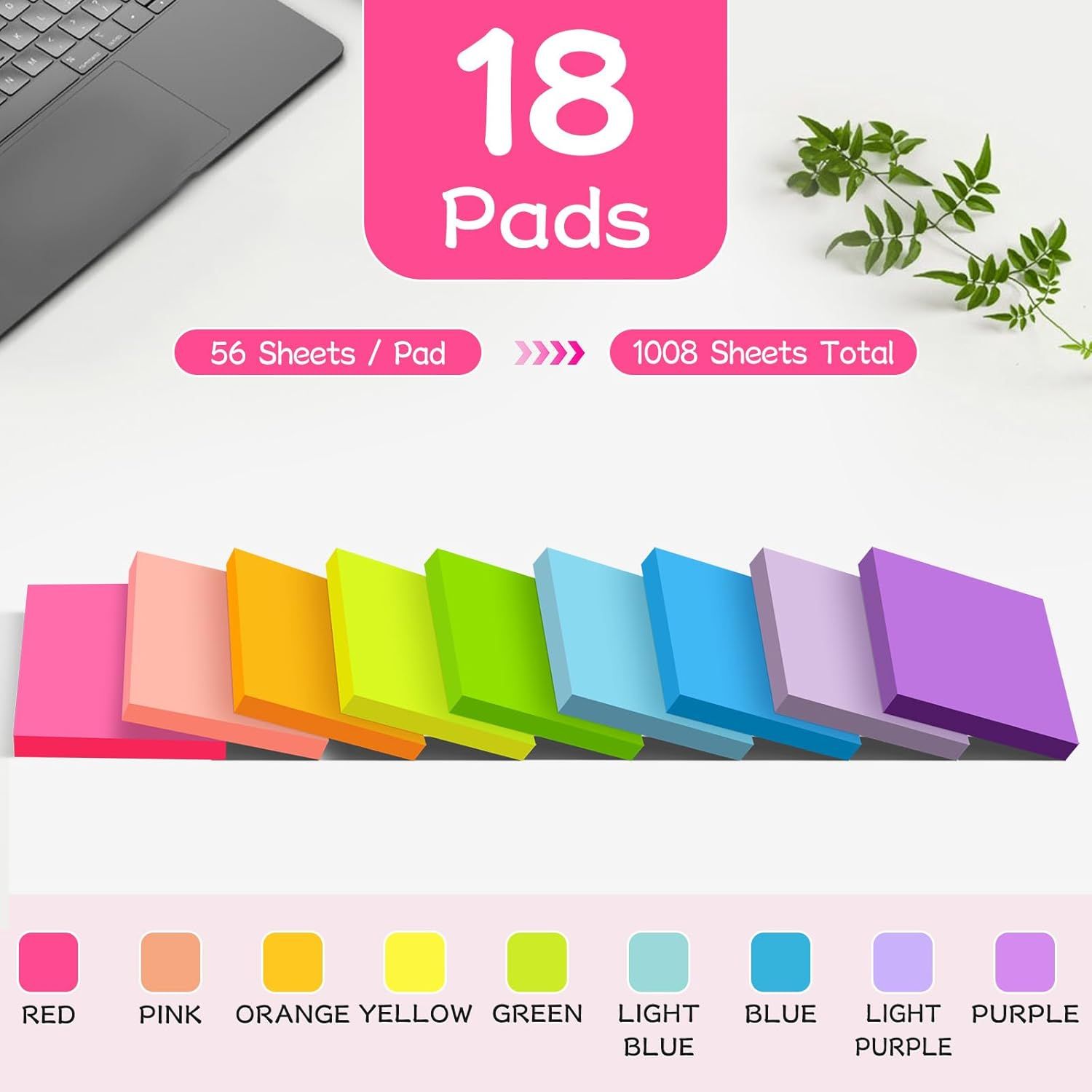 Communicates the value proposition by highlighting that the product includes 18 pads with 56 sheets each, totaling 1008 sheets, emphasizing the generous quantity included in the purchase. Shows all…