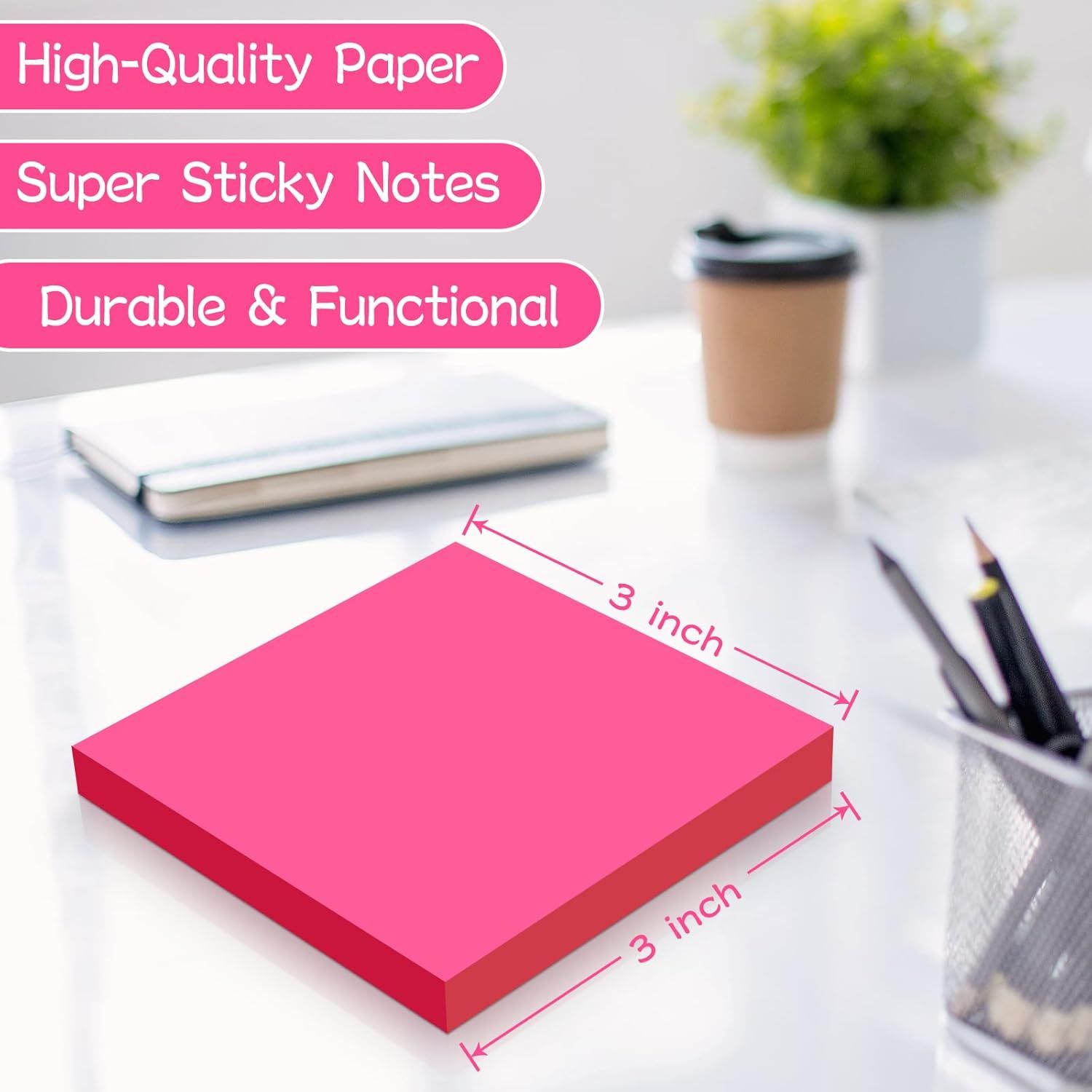 Communicates the exact physical dimensions of the sticky note pad to help shoppers understand the product size before purchase. Highlights three distinct product benefits in a segmented layout to…