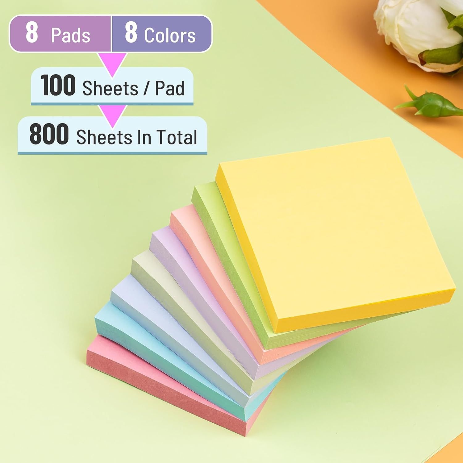 Communicates the product's value proposition by highlighting the total quantity (800 sheets) and variety (8 colors) included in the package. Emphasizes the generous quantity and color options to…