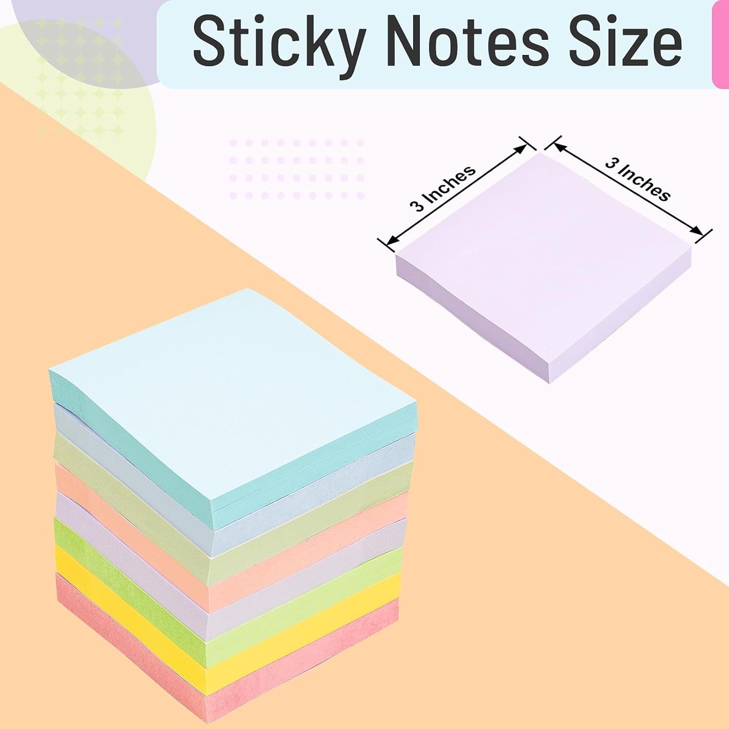 Communicates the exact physical size of the sticky notes to help shoppers understand the product dimensions before purchase.