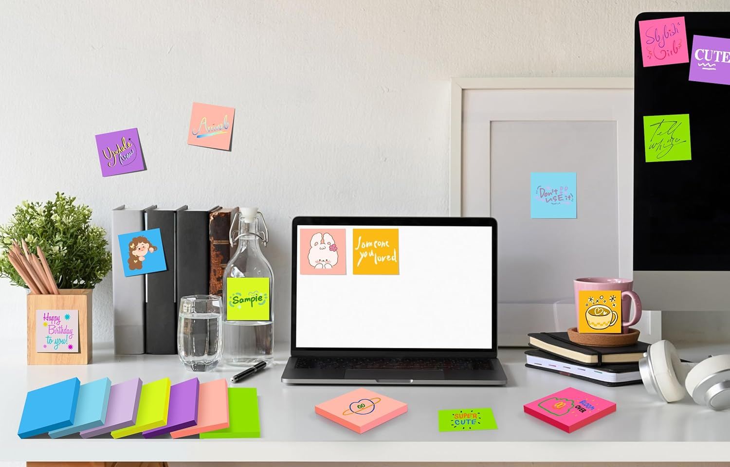 Demonstrates the product in a real-world office or home workspace environment to help shoppers visualize how the sticky notes fit into their daily life and work routine.