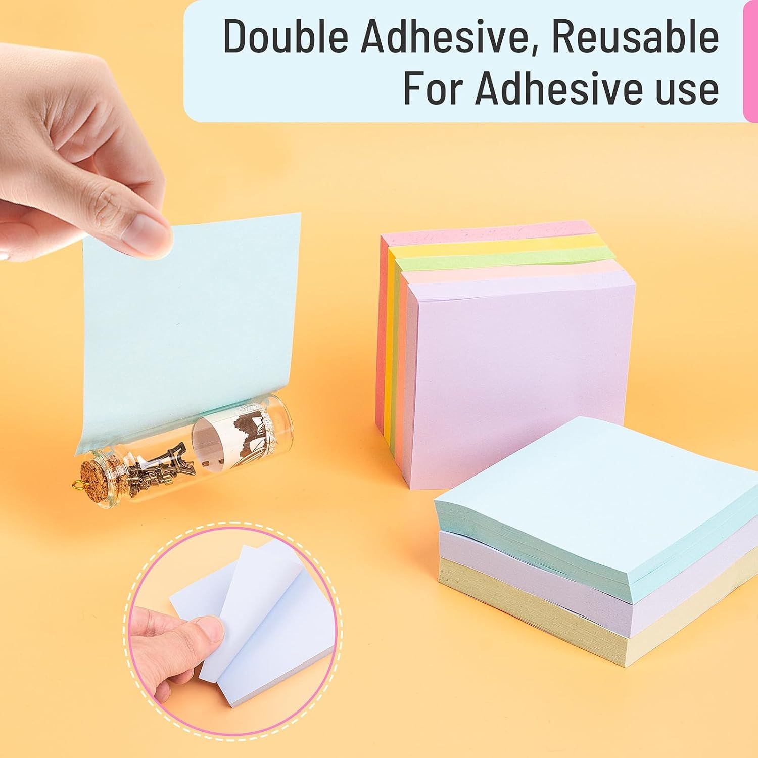 Communicates that the sticky notes feature double-sided adhesive and are reusable, providing flexibility and value for note-taking and organization.