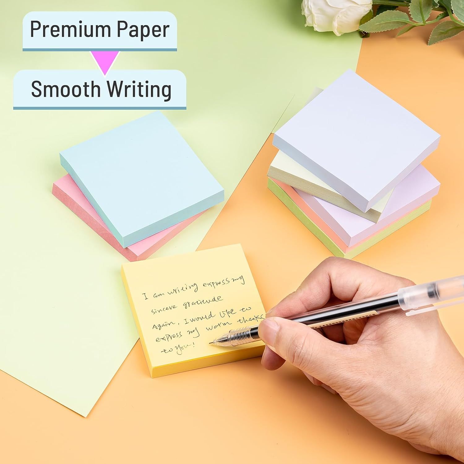 Communicates two distinct product benefits—premium paper quality and smooth writing experience—through visually segmented callouts to reassure shoppers of the product's quality and performance.