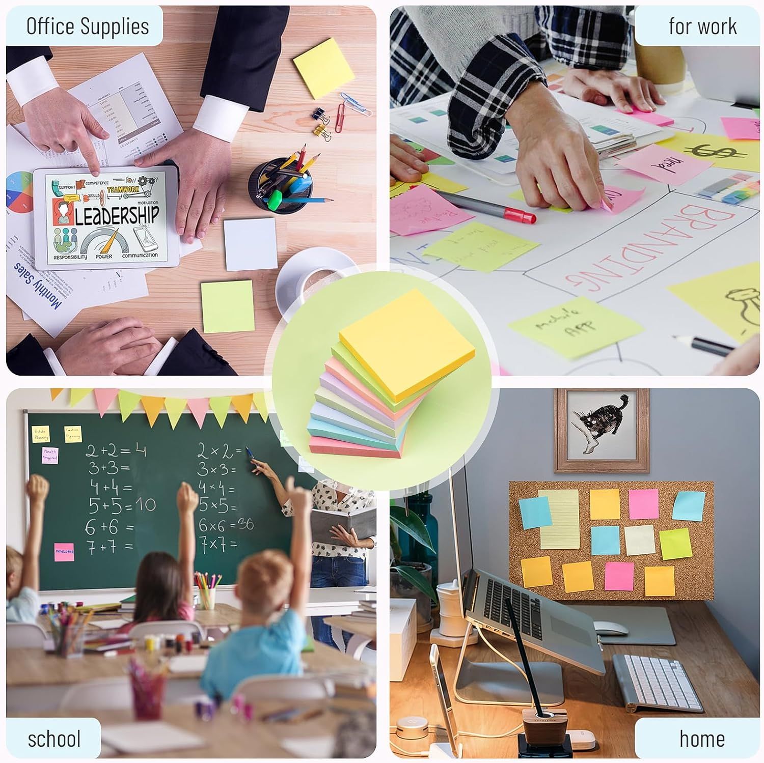 Demonstrates the versatility of the product (sticky notes) by showing it can be used in multiple environments and scenarios—office meetings, work planning, classroom teaching, and home organization.