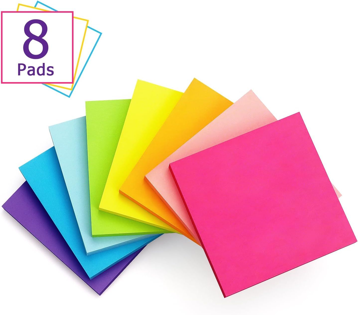 Shows the customer that they will receive 8 sticky note pads in assorted vibrant colors, communicating variety and value in the package.