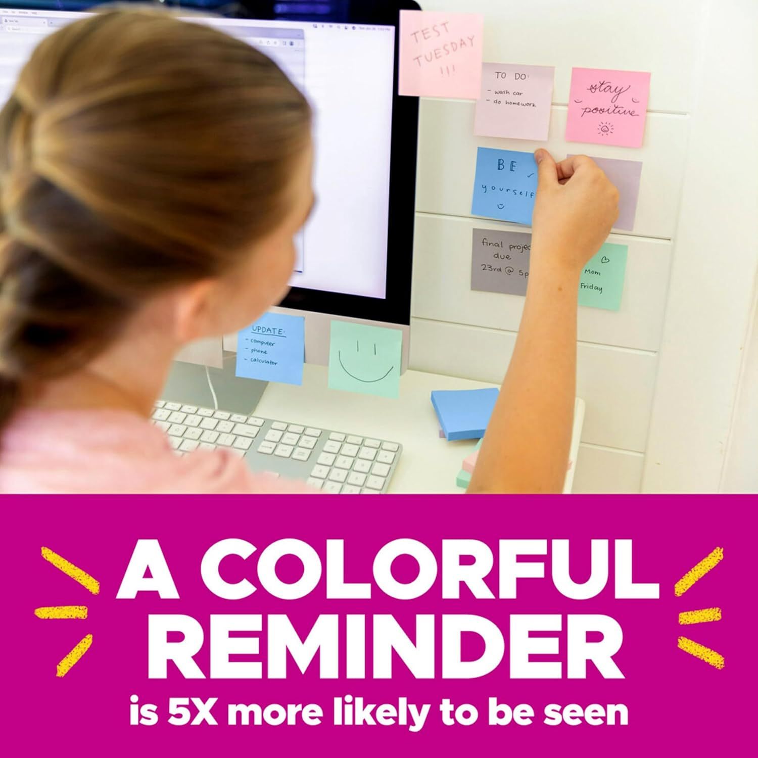Communicates that colorful sticky notes are 5 times more likely to be seen, emphasizing the product's effectiveness in capturing attention and improving organization. Demonstrates the core benefit…