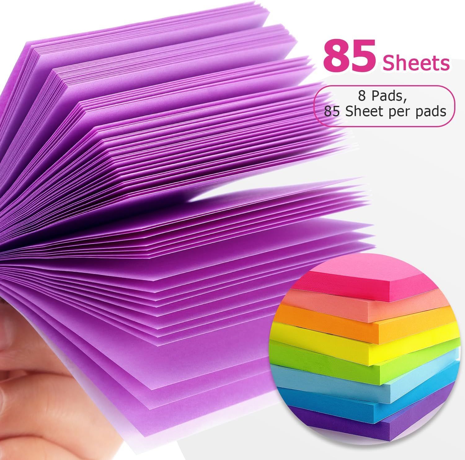 Communicates the quantity and variety included in the purchase, showing shoppers they receive 8 pads with 85 sheets each in multiple vibrant colors.