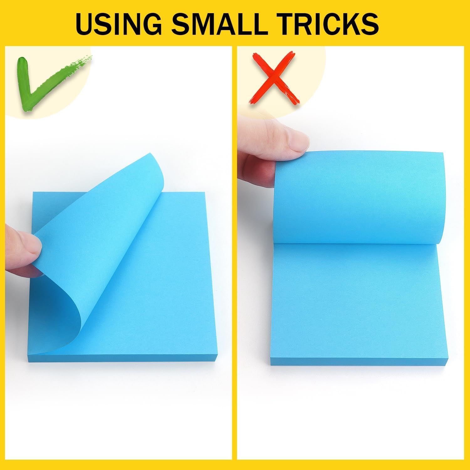 Demonstrates the correct way to remove sheets from a sticky note pad to prevent curling, showing shoppers how to use the product properly for best results.
