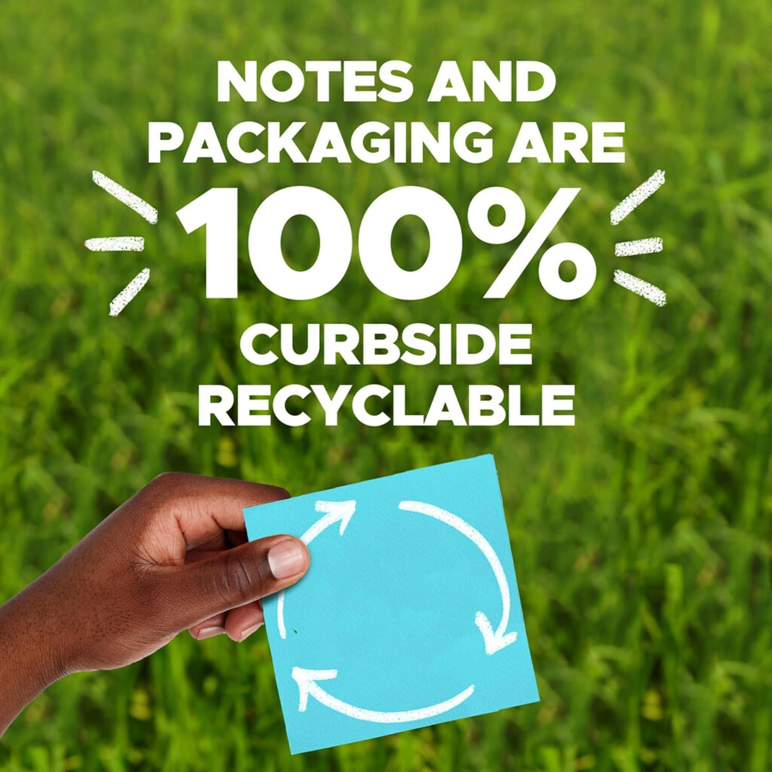 Communicates the brand's environmental responsibility by highlighting that all notes and packaging are fully recyclable, appealing to eco-conscious shoppers. Emphasizes the single core benefit of…