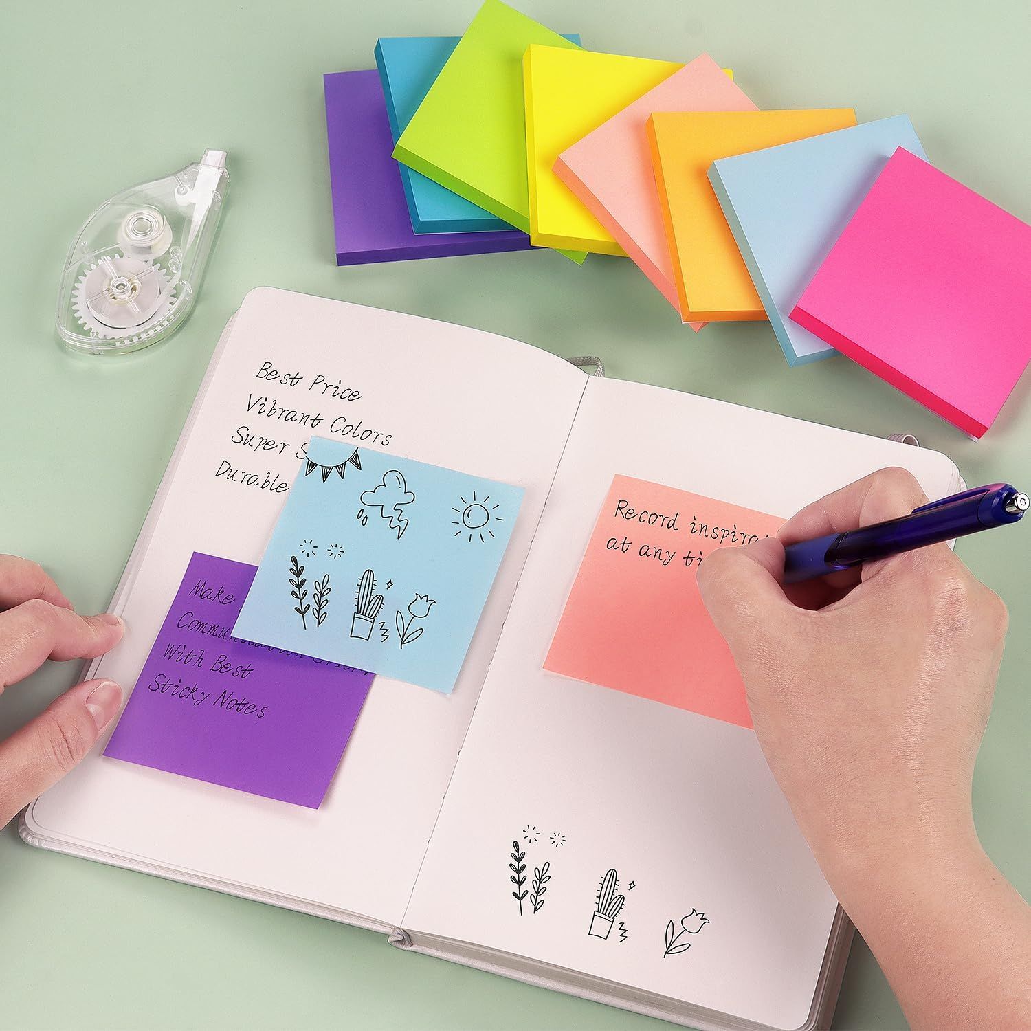 Showcases multiple key benefits of the sticky notes including vibrant color options, strong adhesion, and versatility for note-taking and organization.