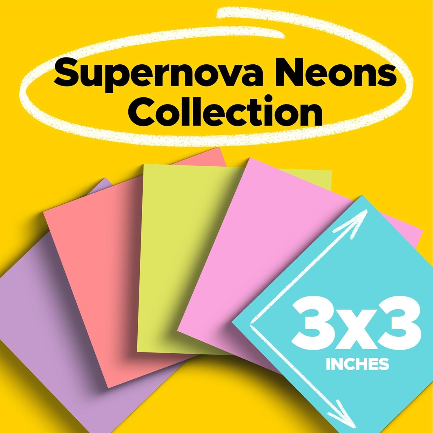 Communicates the physical size of the sticky notes (3x3 inches) to help shoppers understand the product dimensions and ensure it meets their needs. Highlights the product line name and collection…