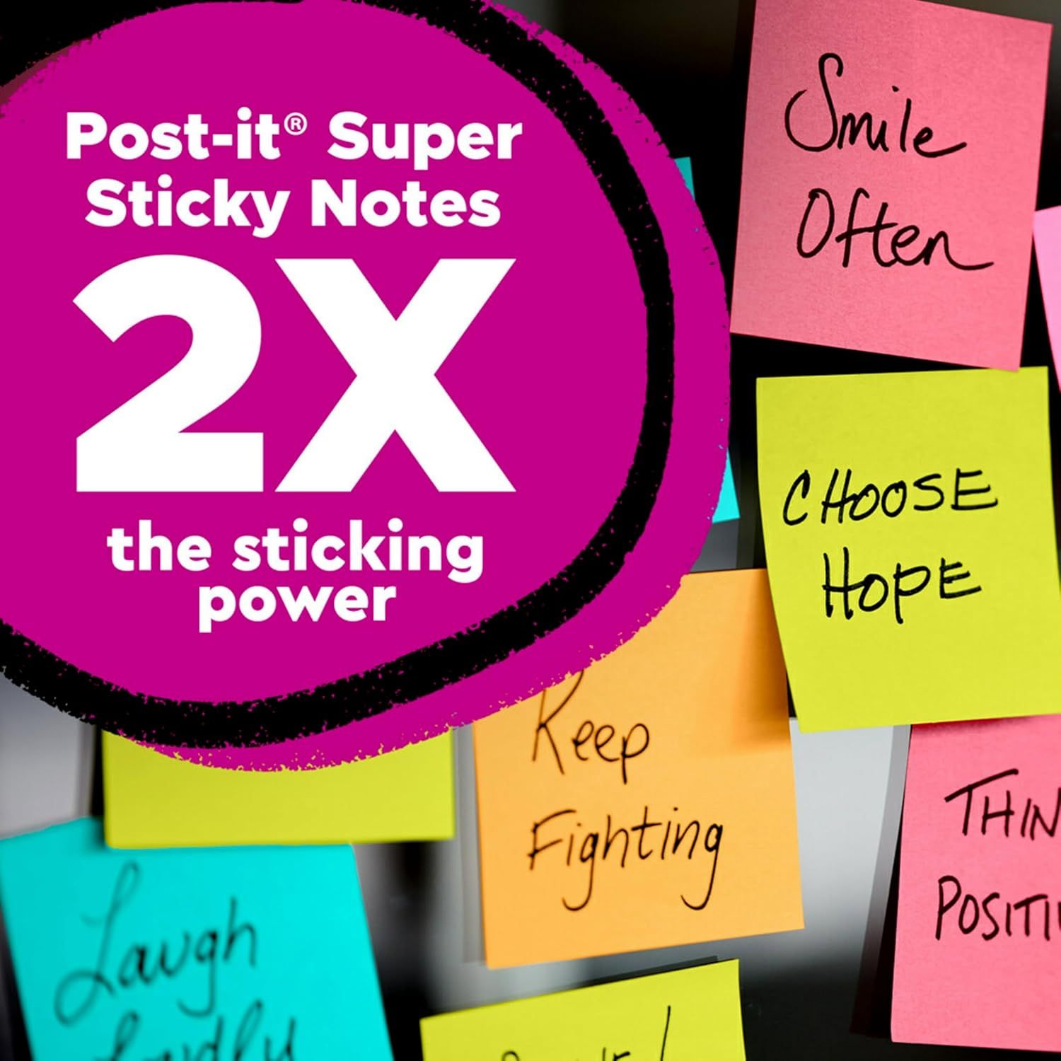 Communicates the product's superior adhesive performance with a bold quantifiable claim to reassure shoppers that these sticky notes will stay in place better than standard options.