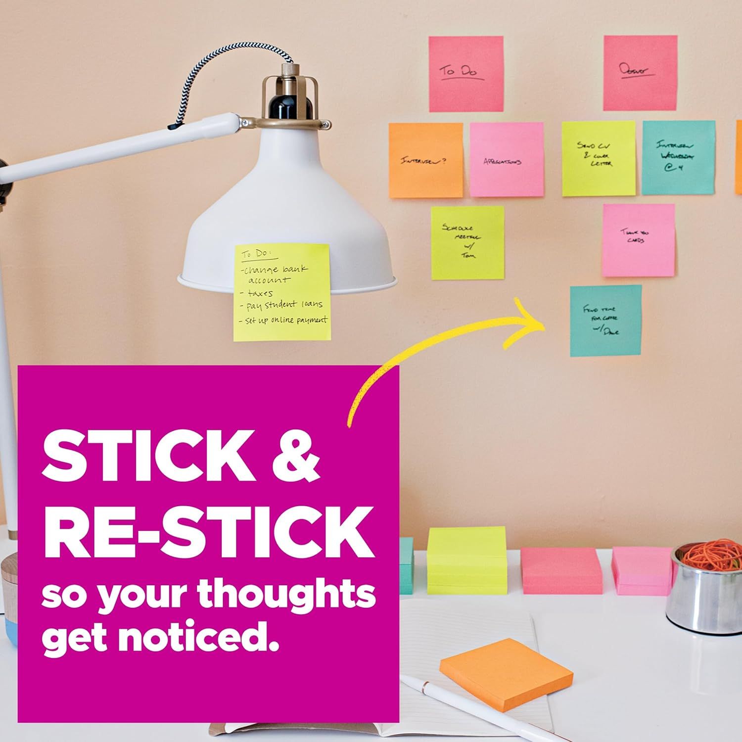 Highlights the key benefit that these sticky notes can be stuck and re-stuck multiple times, ensuring important notes and reminders stay visible and don't get lost.