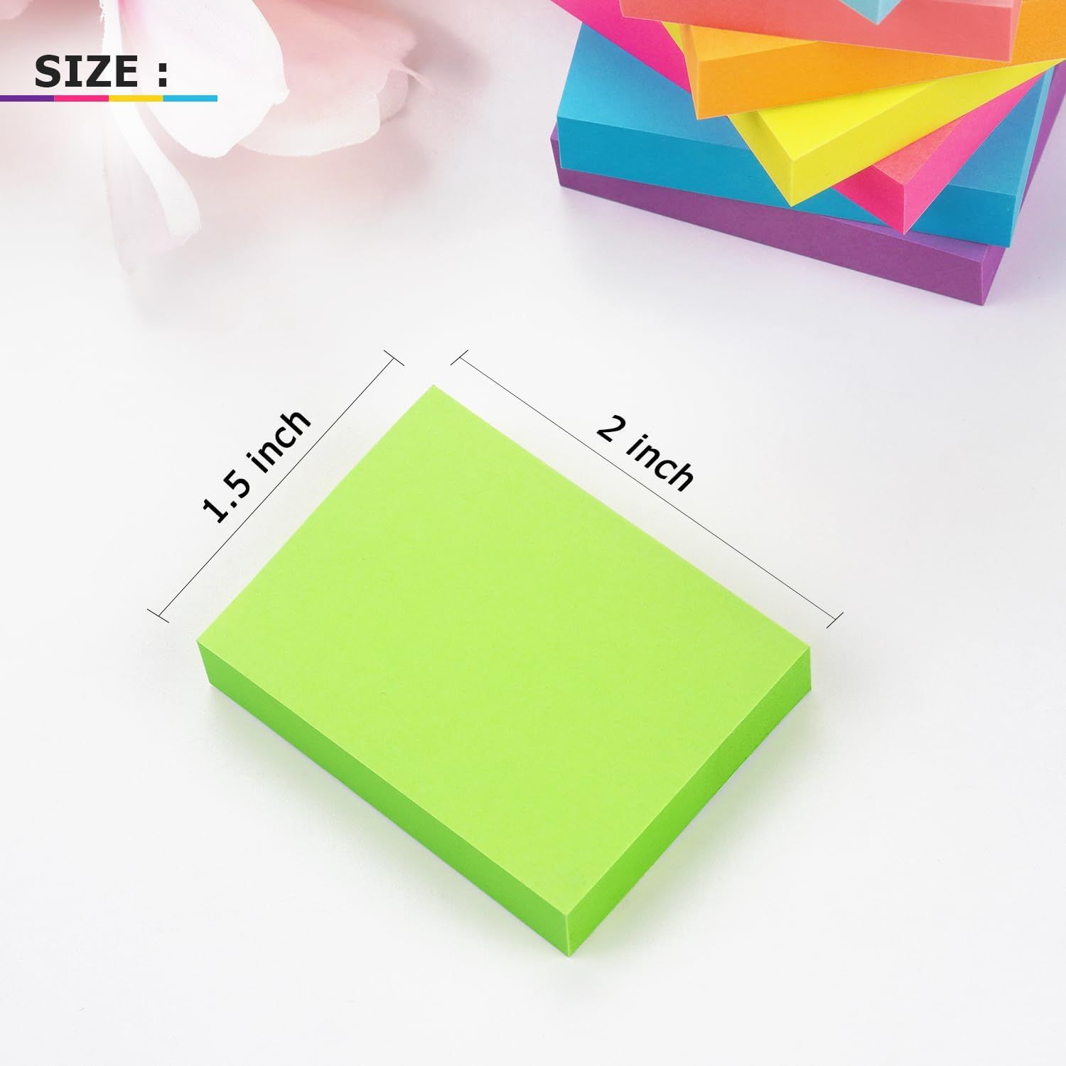 Communicates the exact physical size of the sticky note pad (1.5 inch x 2 inch) to help shoppers understand the product's compact dimensions and determine if it fits their needs.
