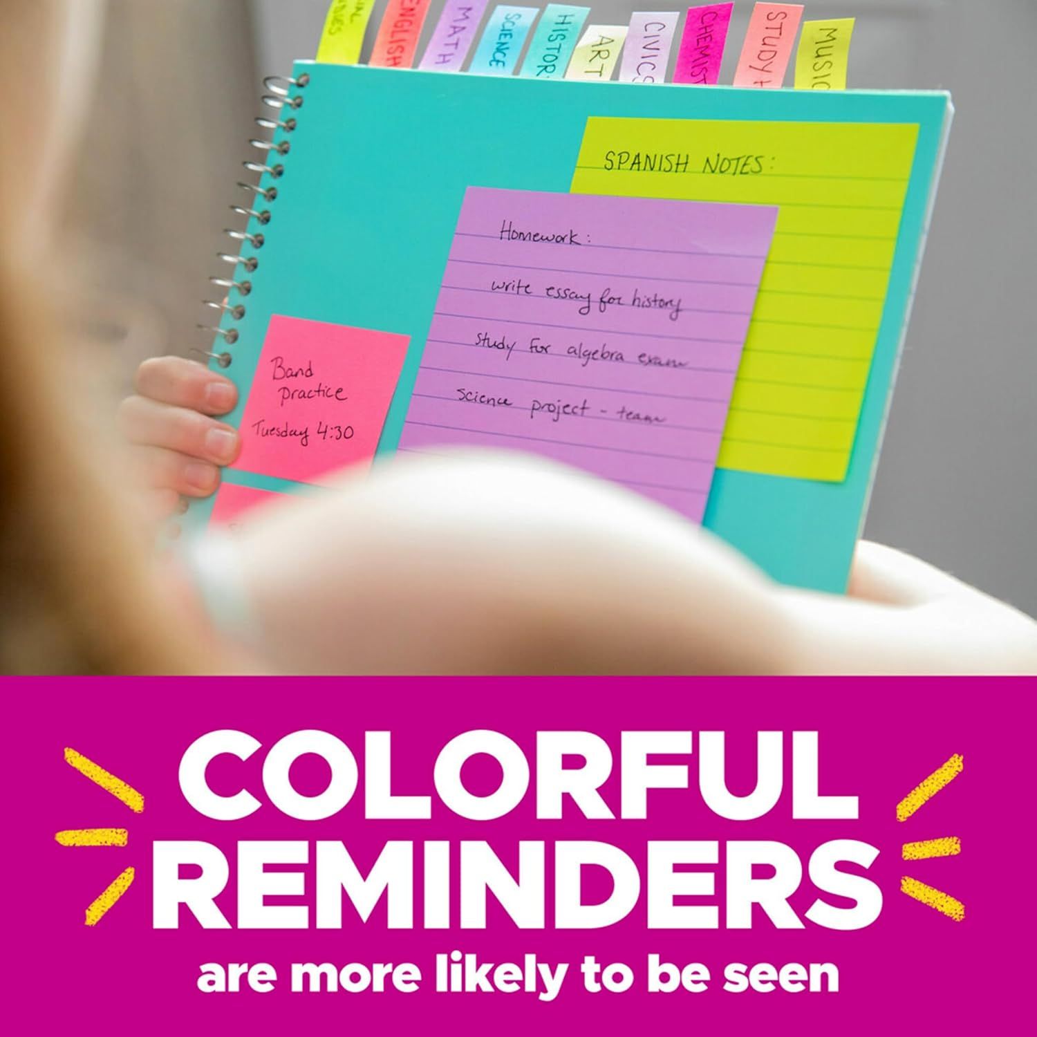 Demonstrates that the colorful sticky notes are highly visible and effective for reminders, helping shoppers understand the product's key benefit of standing out and being noticed.