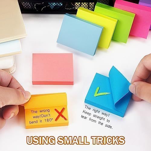 Demonstrates proper folding and usage techniques for sticky notes, showing the correct way to fold (with a checkmark) versus the wrong way (with an X) to help shoppers use the product effectively.