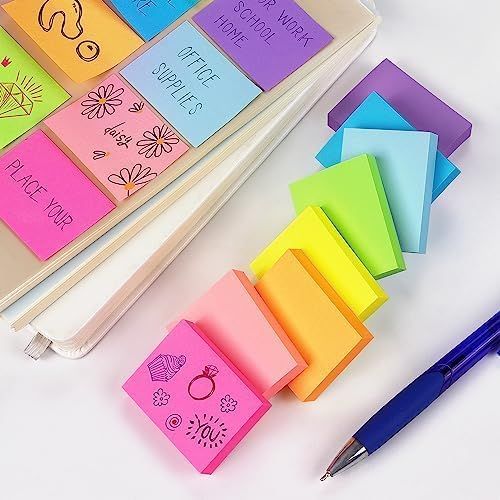 Shows the customer everything included in the purchase—multiple colorful sticky note pads in various sizes and designs, plus a pen—to communicate the value and completeness of the kit.