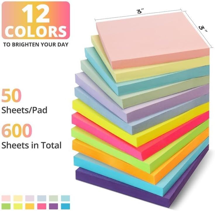 Shows the complete contents and specifications of the sticky note pad set, communicating the variety of colors, quantity, and dimensions to help shoppers understand exactly what they're getting.…