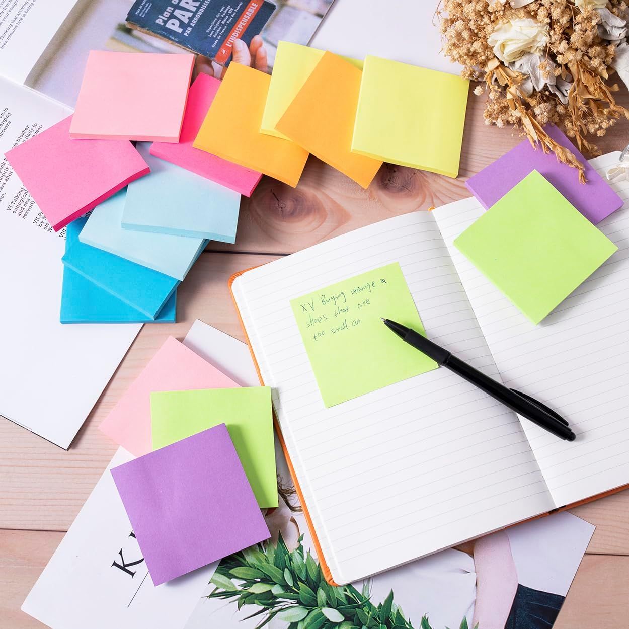 Showcases the full range of color options available in the sticky note product line, helping shoppers understand the variety and choose their preferred colors.