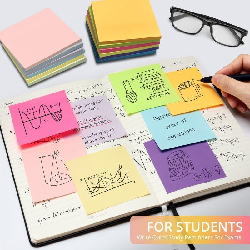 Demonstrates the product's use case as a study aid for students, showing how sticky notes can be used to write quick study reminders and organize exam notes. Communicates the core benefit of using…