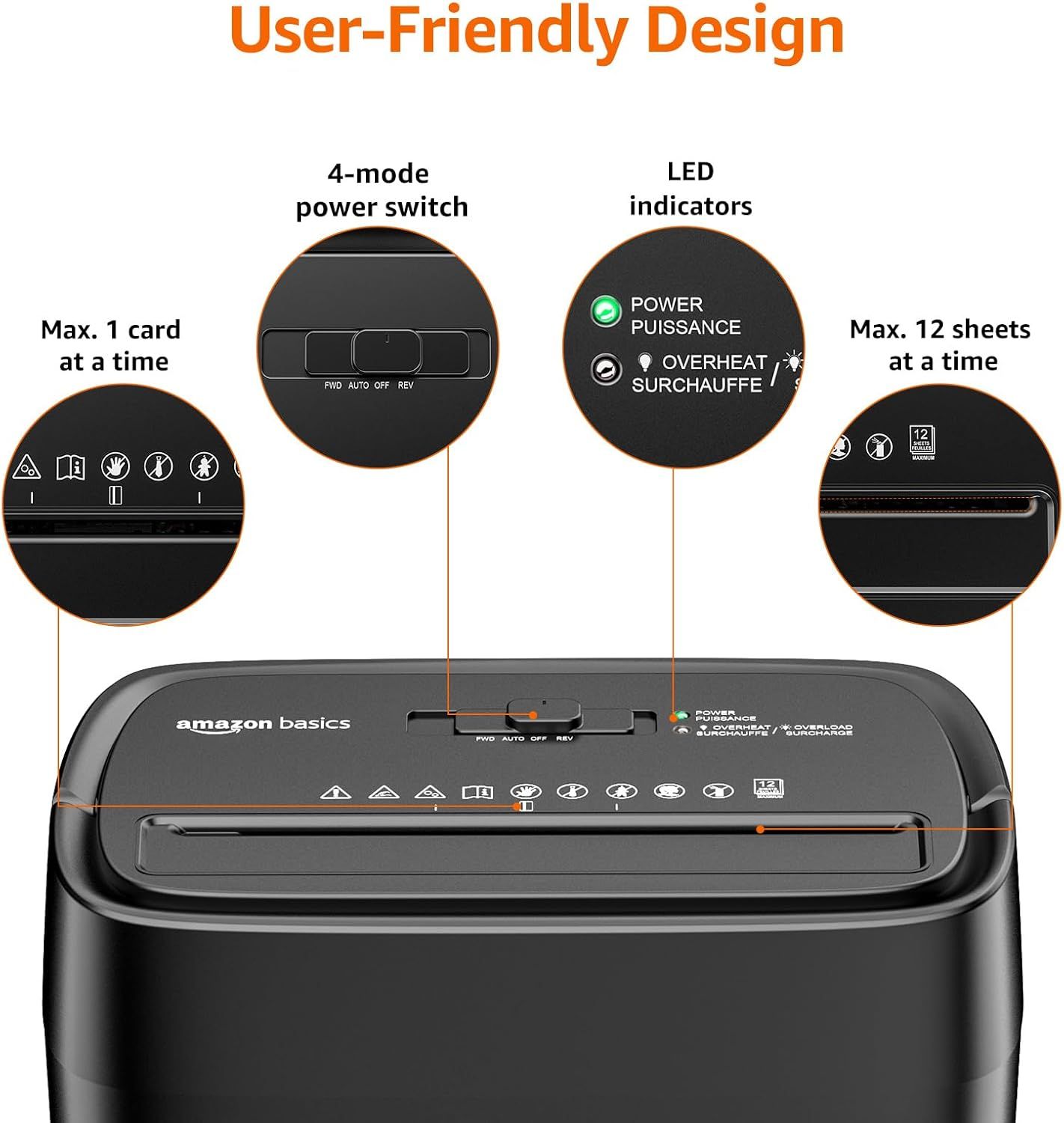 This image breaks down the physical components and features of the paper shredder to help shoppers understand its key functional parts and operational elements.