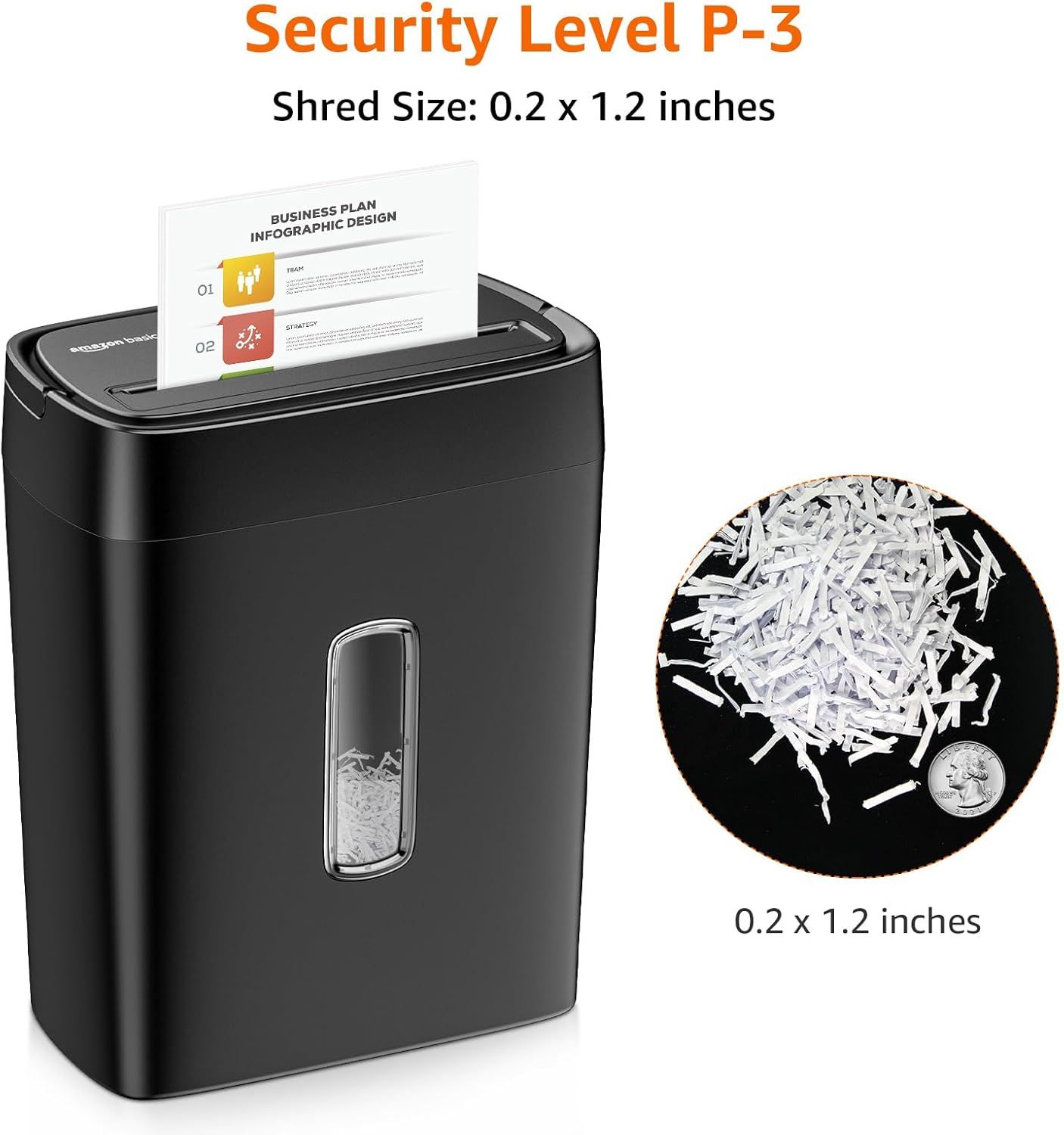 Communicates the shredder's security level (P-3) and precise shred size dimensions to reassure shoppers about document security and privacy protection.