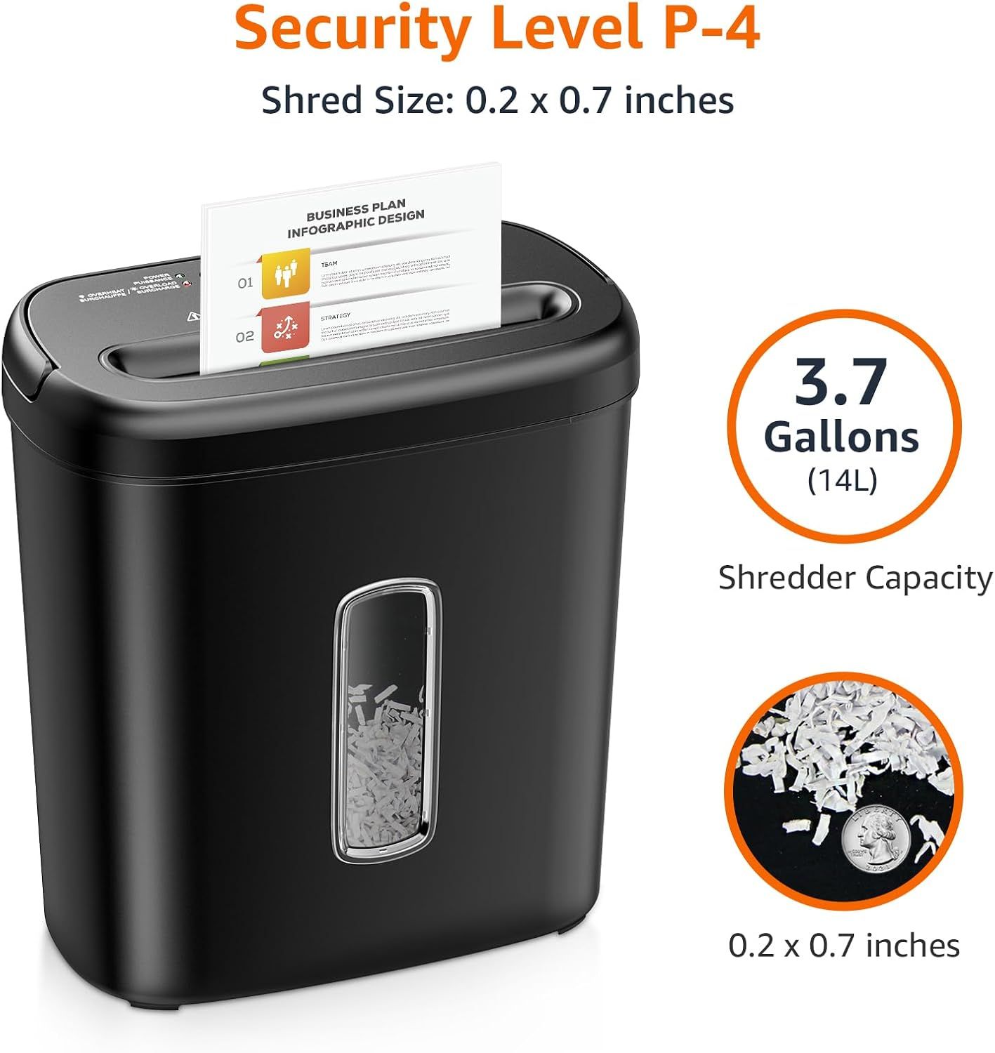 Communicates the shredder's security level, capacity, and shred size to help shoppers understand the product's performance capabilities and suitability for their security needs.