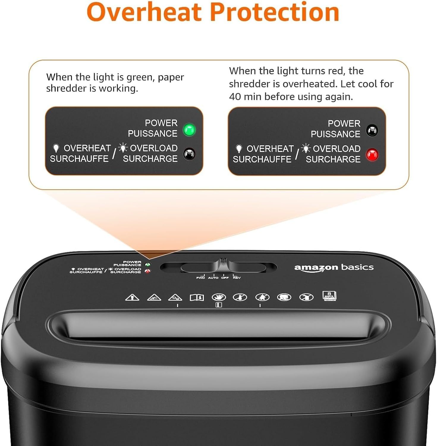 Explains how to interpret the indicator lights on the paper shredder to understand when it's working properly (green light) versus when it's overheated (red light) and needs to cool down for 40…
