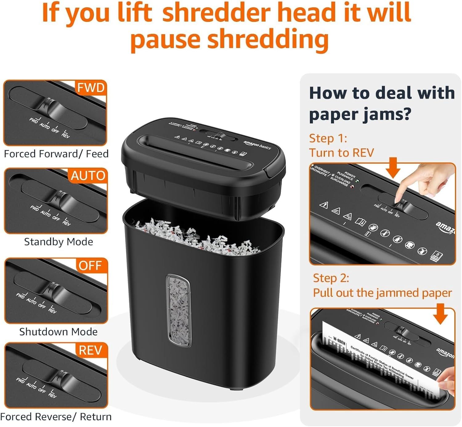 Instructs shoppers on how to resolve paper jams using the reverse function and explains the different operating modes (FWD, AUTO, OFF, REV) to reassure them the shredder is easy to use and maintain.…