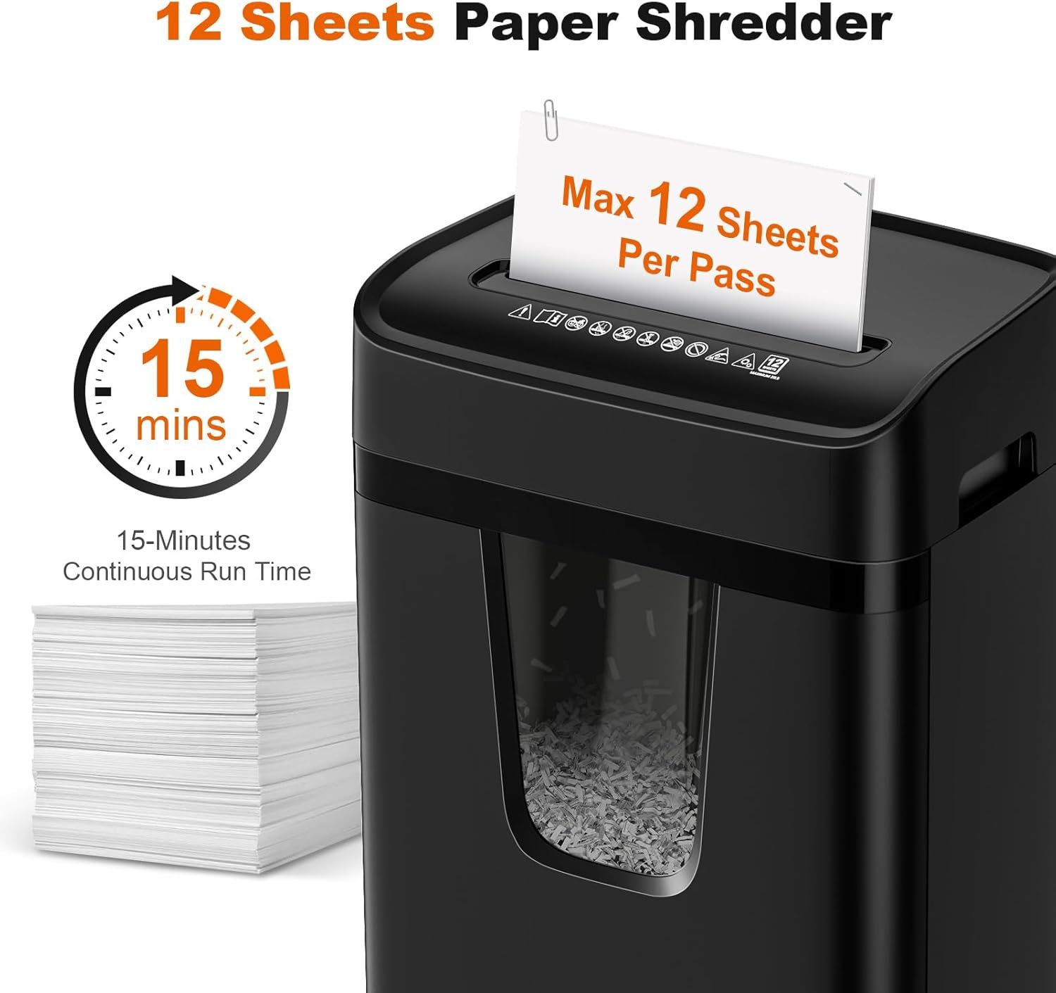 Communicates the shredder's key performance specifications—12-sheet capacity per pass and 15-minute continuous operation—to help shoppers understand the product's capability and efficiency for…