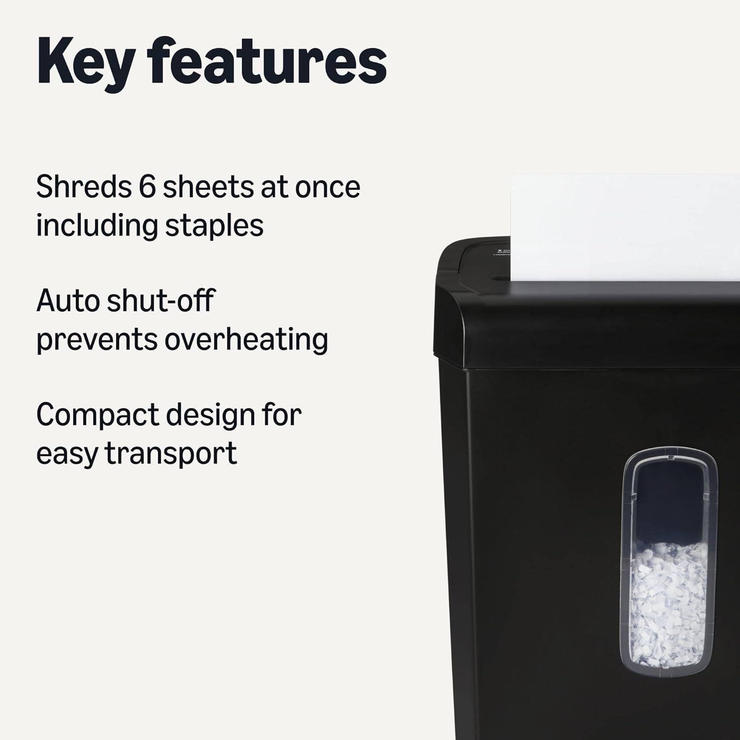 Communicates three distinct product benefits in a segmented list format to show the shredder's performance, safety features, and portability.