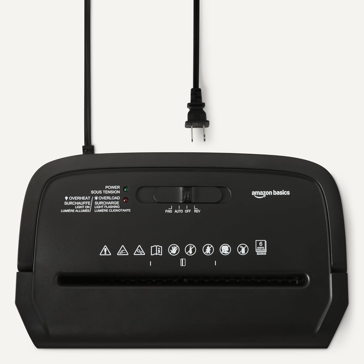 Provides a clean, catalog-style view of the Amazon Basics paper shredder showing the product design, control panel, and power cord without distractions.