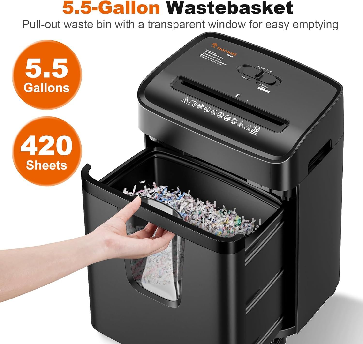 Communicates the wastebasket's large capacity to reassure shoppers that the shredder can handle significant volume before needing to be emptied. Demonstrates the convenient pull-out waste bin…