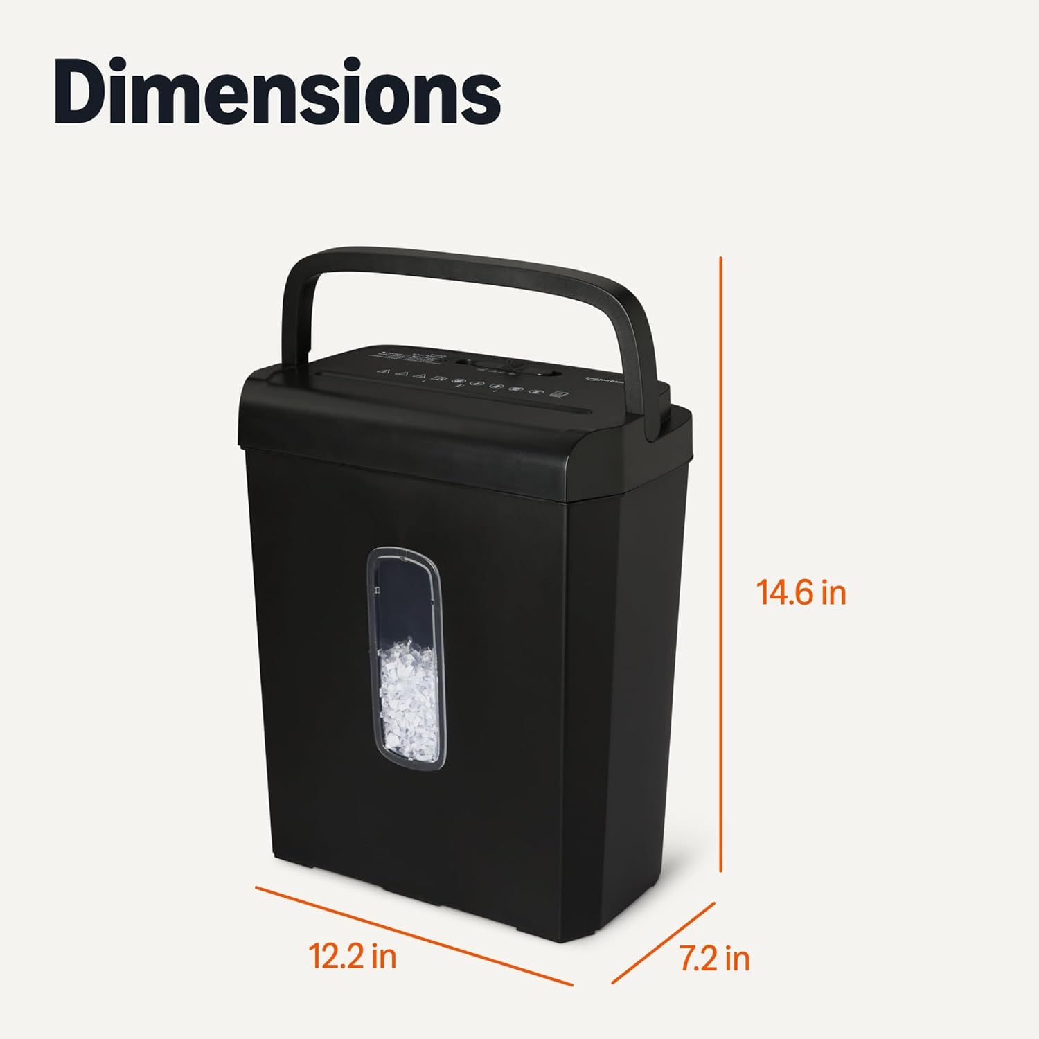 Communicates the exact physical size of the paper shredder (14.6 x 12.2 x 7.2 inches) to help shoppers assess whether it will fit in their intended space.