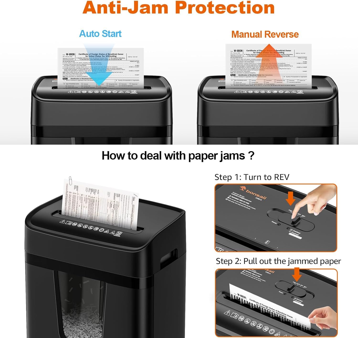 Demonstrates how to resolve paper jams using the shredder's anti-jam protection features (auto start and manual reverse) with clear step-by-step instructions to reassure shoppers of easy…