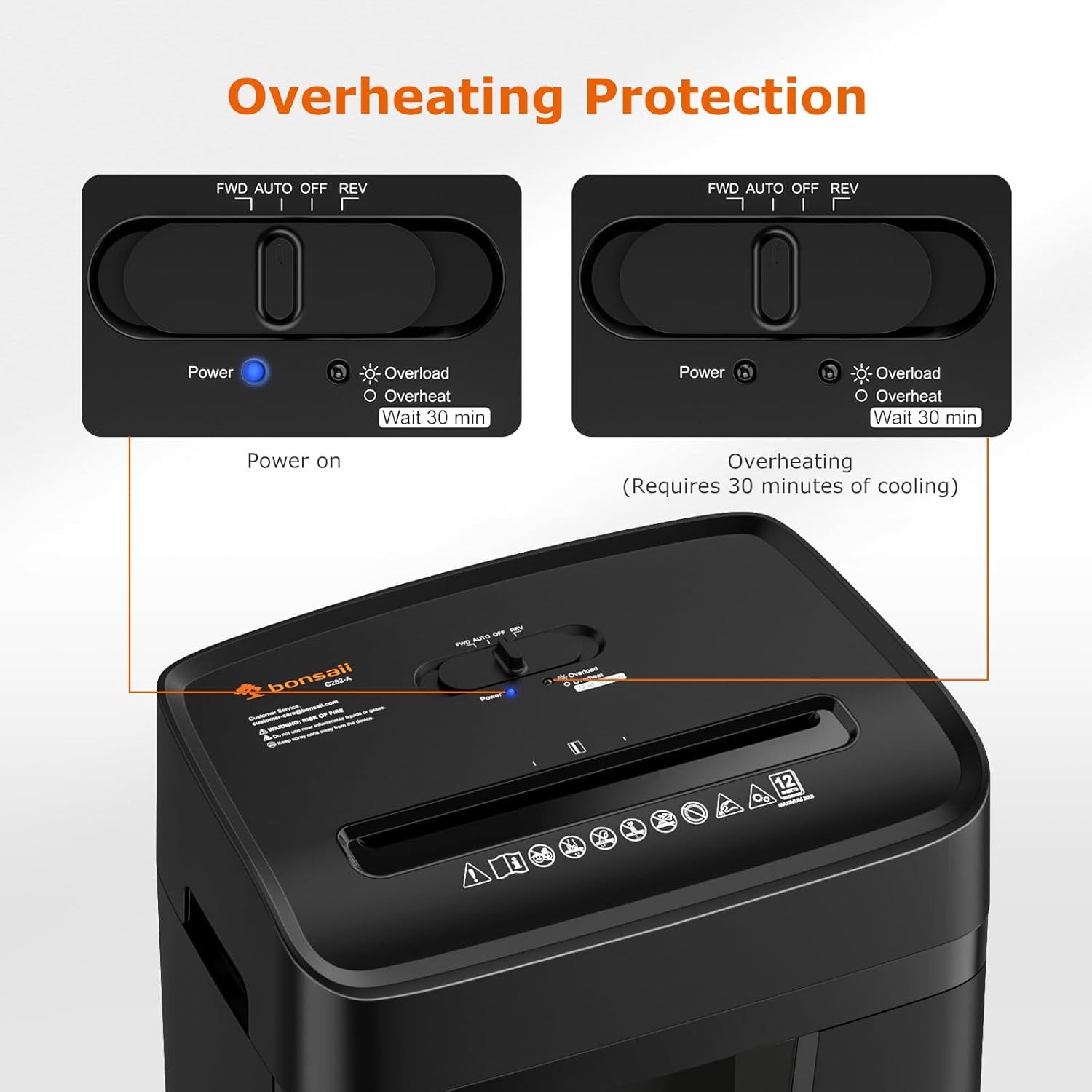 Explains how the product's overheating protection feature works by showing the control panel indicators in two states (power on vs. overheating), helping shoppers understand the safety mechanism and…