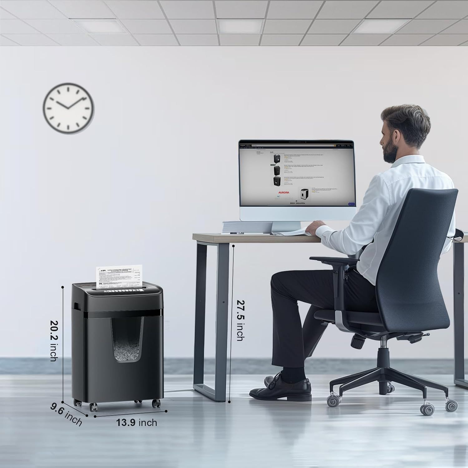 Communicates the exact physical dimensions of the paper shredder (20.2 x 13.9 x 9.6 inches) to help shoppers understand its size and whether it will fit in their office space. Shows the product in a…